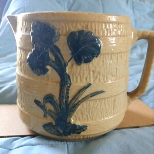 Antique 1930s Floral embossed Barrel Yellow stoneware pitcher